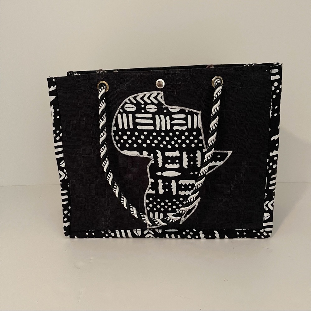 Handmade African Tribal Print Black and White Patterned Tote Bag